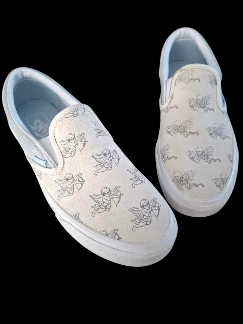 Vans Classic Slip On Sneakers Love You to Death Angel Skeleton Cream Unisex W 10